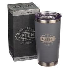 Load image into Gallery viewer, Walk By Faith Gray Stainless Steel Mug - 1 Corinthians 5:7
