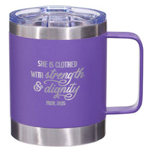 Load image into Gallery viewer, Strength &amp; Dignity Purple Camp-style Stainless Steel Mug - Proverbs 31:25
