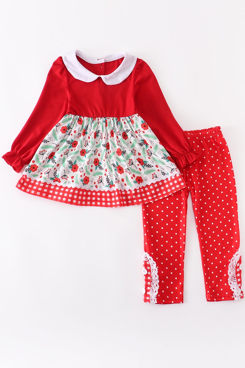 Red Floral Ruffle Pants Set