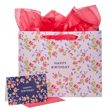 Load image into Gallery viewer, Happy Birthday Pink Flower Trellis Large Landscape Gift Bag Set with Card
