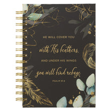 Load image into Gallery viewer, Find Refuge Black and Gold Feather Large Wirebound Journal - Psalm 91:4
