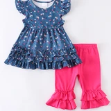 Navy Ruffle Floral Tunic And Shorts Set Girls