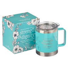 Load image into Gallery viewer, Strength &amp; Dignity Teal Camp-style Stainless Steel Mug - Proverbs 31:25
