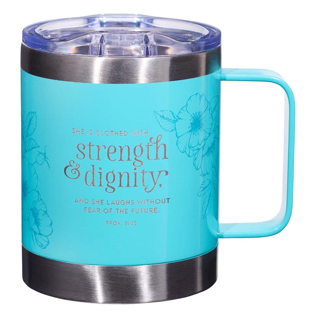 Strength & Dignity Teal Camp-style Stainless Steel Mug - Proverbs 31:25