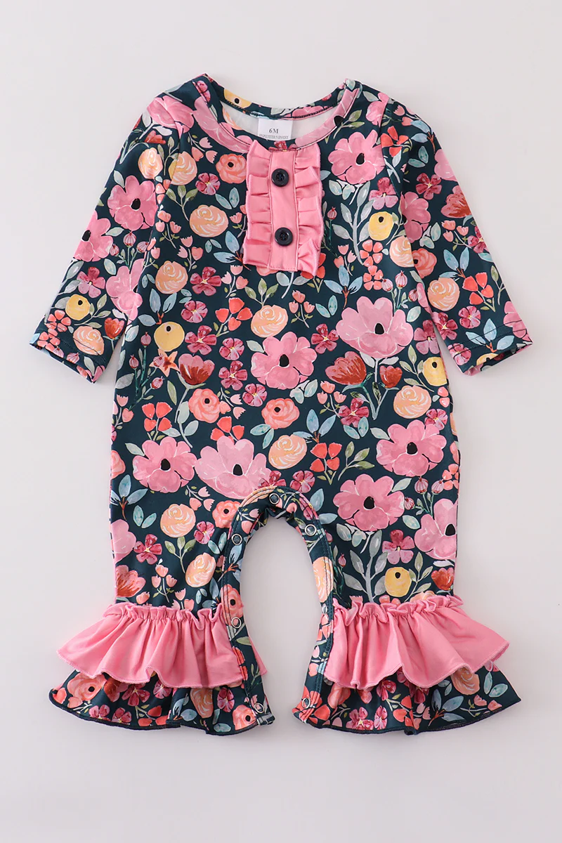 Pink Floral Print Ruffle Baby Girl Romper